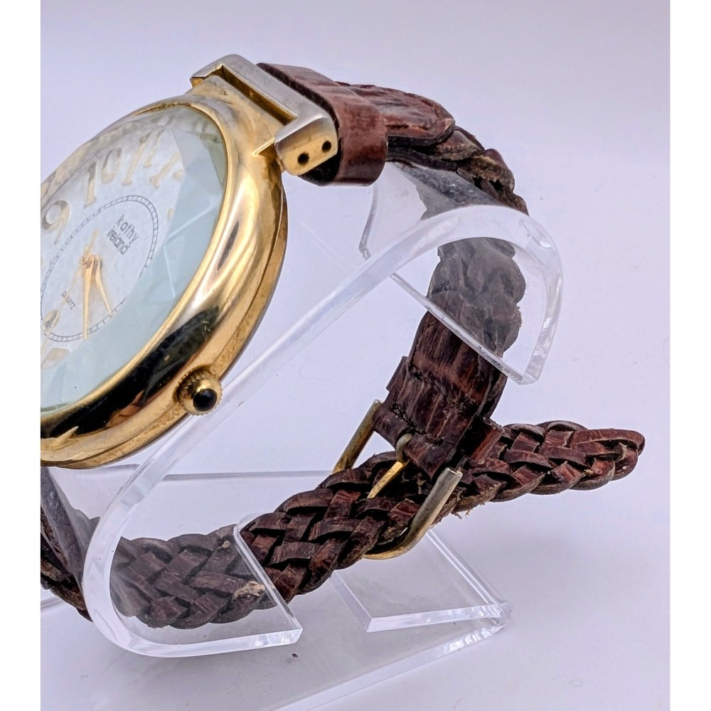 VTG Kathy Ireland GoldTone Brown Braided Leather Band Womens Watch New battery - Picture 2 of 7